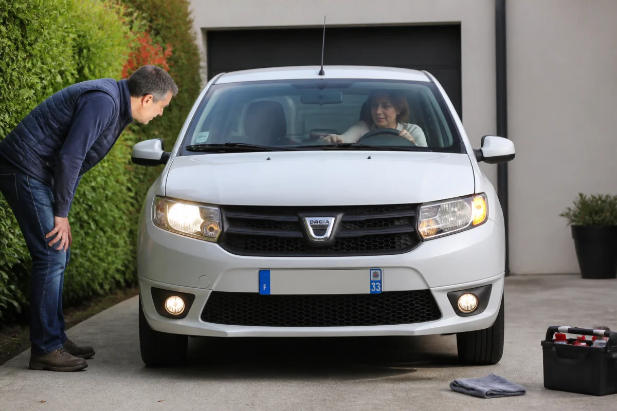 Deux adultes vérifient les phares et clignotants d’une voiture avant le contrôle technique, avec une trousse d’entretien.